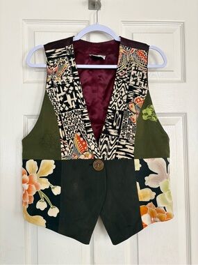 Yasuko Women's Silk Kimono Vest S/M Black Backing Open Front Vintage #166
